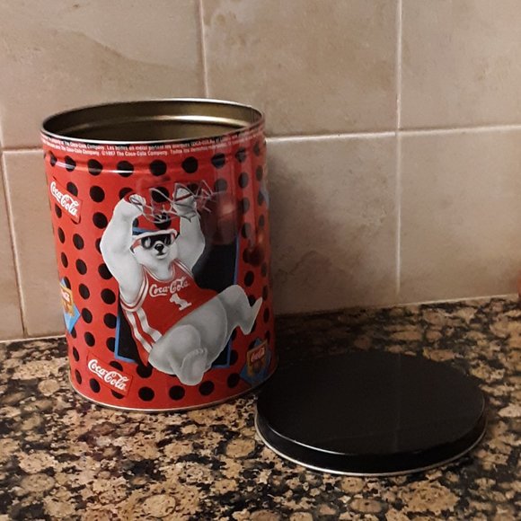 Coca Cola Coke Metal Cannister 7.5" Can Storage 1997 Basketball Bear VG - Picture 3 of 9